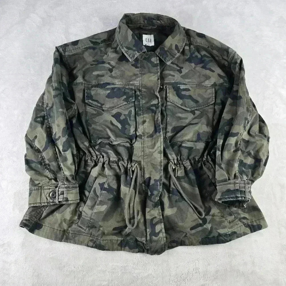 Gap Jacket Womens Sz Med Green Camo Full Zip Button Up Pocket Camo Military